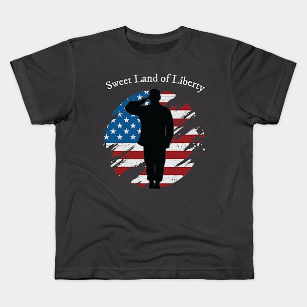 Patriotic Distressed Soldier Salute Sweet Land of Liberty Kids T-Shirt by CoffeeandTeas